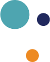 Three coloured circles—teal, navy, and orange—of varying sizes.