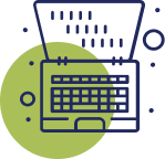 Line drawing of an open laptop computer in dark blue, placed over a green circle with scattered small dots and abstract shapes in the background.