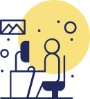 Minimalist illustration of a person sitting at a desk and working on a computer, with abstract shapes and a large yellow circle in the background.