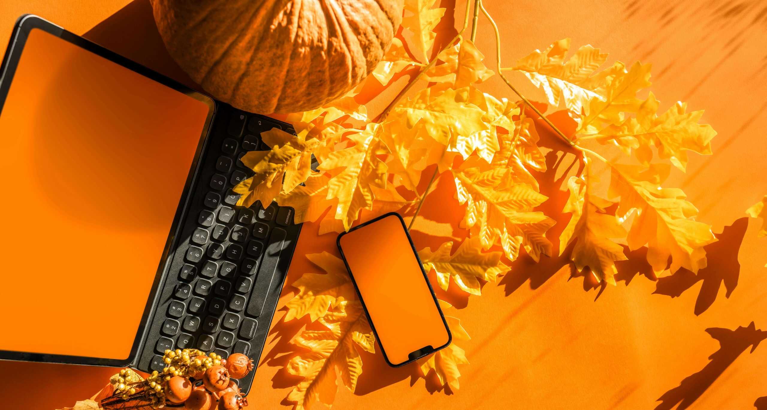 pexels-jakubzerdzicki-18523431 pumpkin, coloured fall leaves, keyboard